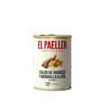A single can of El Paeller soup on a dark navy background. The can has a white label with red and black text, featuring a photo of a fish and prawns, and is positioned slightly left of center with a soft shadow cast to the right.