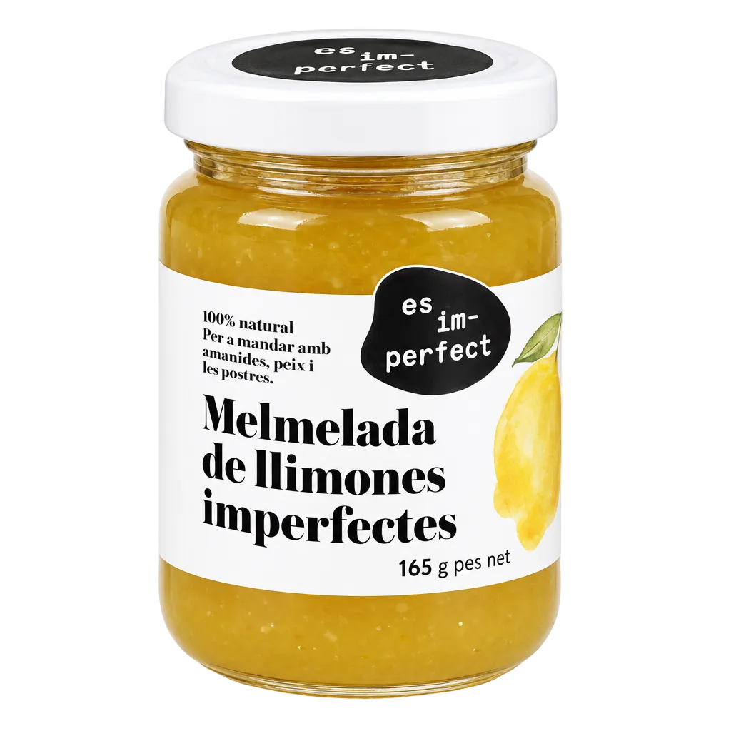 A glass jar of 'es im-perfect' brand imperfect lemon marmalade with a white lid and a white label featuring a black logo and a yellow lemon illustration.