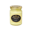 A glass jar of Simons Galuzzi vegan truffle mayo spread with a gold lid and a black label, shown on a white background.