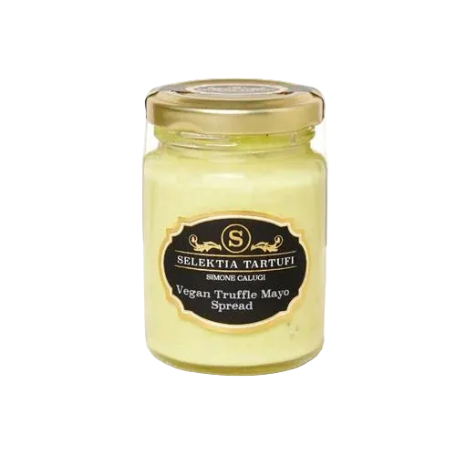 A glass jar of Simons Galuzzi vegan truffle mayo spread with a gold lid and a black label, shown on a white background.